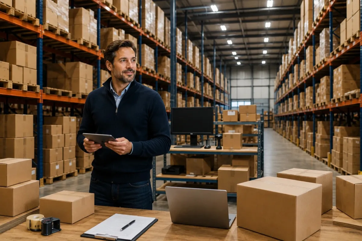 Online seller with a tablet in a logistics warehouse full of boxes